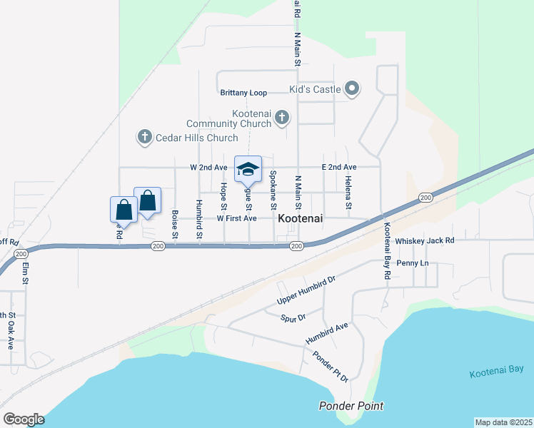 map of restaurants, bars, coffee shops, grocery stores, and more near 201 Spokane Street in Kootenai