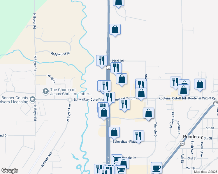 map of restaurants, bars, coffee shops, grocery stores, and more near 500 Kootenai Cutoff Road in Ponderay