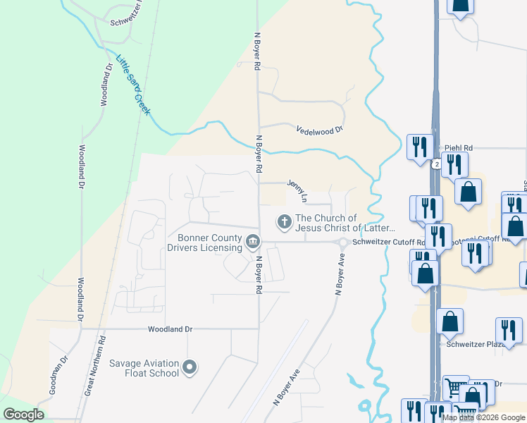 map of restaurants, bars, coffee shops, grocery stores, and more near 4308 North Boyer Avenue in Sandpoint