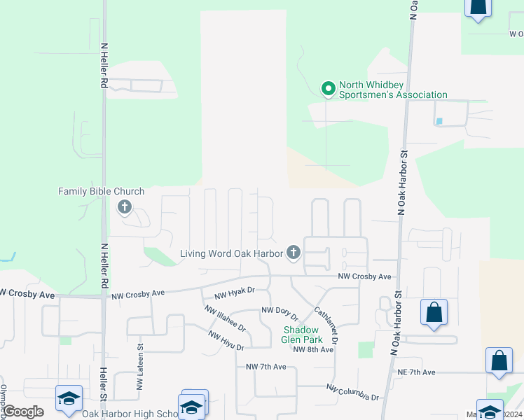 map of restaurants, bars, coffee shops, grocery stores, and more near 1459 Northwest Elwha Street in Oak Harbor