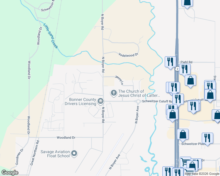 map of restaurants, bars, coffee shops, grocery stores, and more near 4308 North Boyer Avenue in Sandpoint