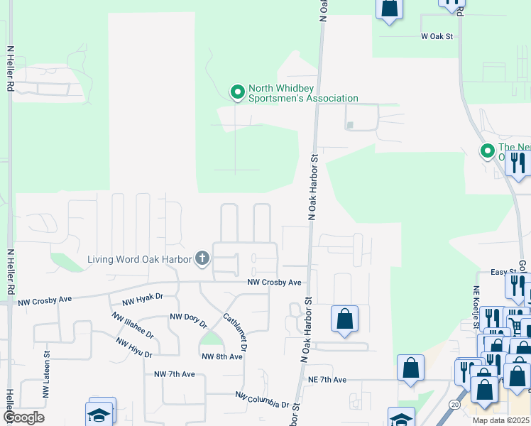 map of restaurants, bars, coffee shops, grocery stores, and more near 1555 Northwest Almond Loop in Oak Harbor