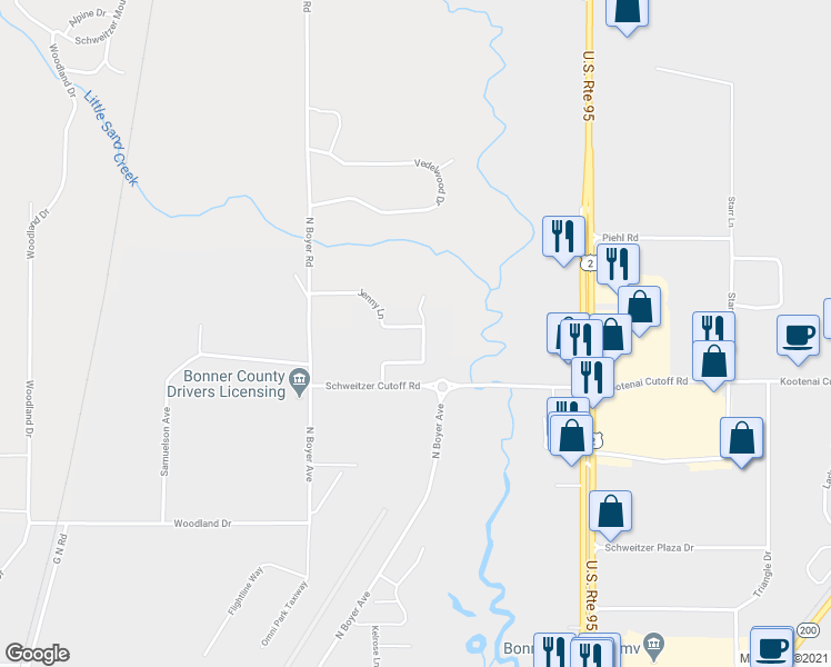 map of restaurants, bars, coffee shops, grocery stores, and more near 4121 Burns Court in Sandpoint