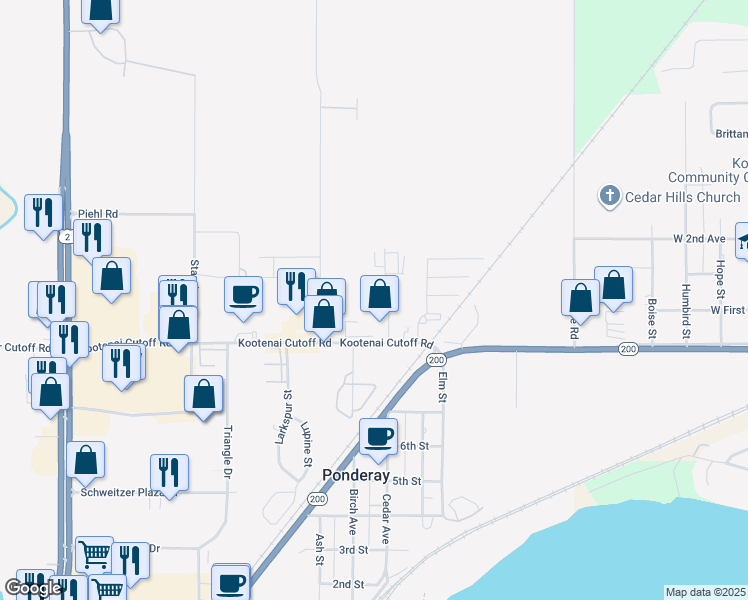 map of restaurants, bars, coffee shops, grocery stores, and more near 405 Vermeer Drive in Ponderay