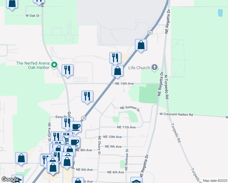 map of restaurants, bars, coffee shops, grocery stores, and more near 1661 West Cemetery Road in Oak Harbor