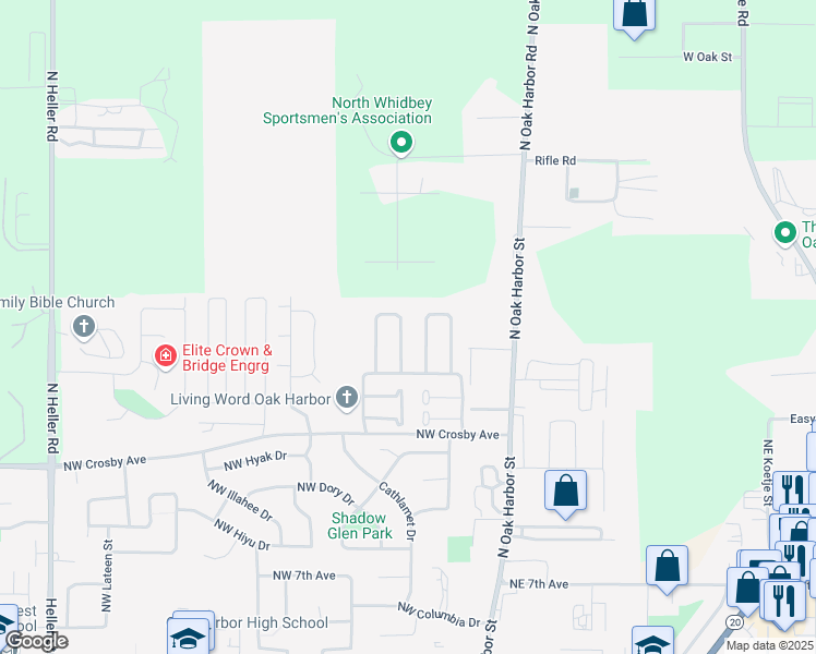 map of restaurants, bars, coffee shops, grocery stores, and more near 1558 Northwest Camellia Loop in Oak Harbor