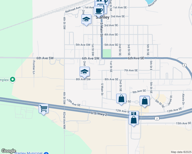 map of restaurants, bars, coffee shops, grocery stores, and more near 5 8th Avenue Southwest in Stanley