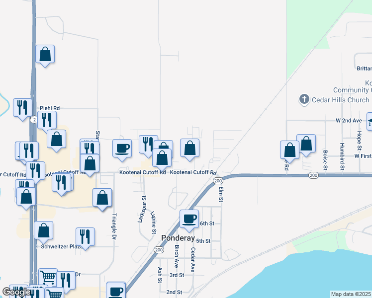 map of restaurants, bars, coffee shops, grocery stores, and more near 405 Vermeer Drive in Ponderay