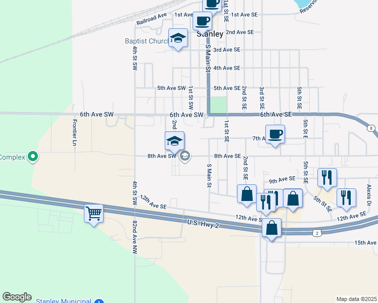 map of restaurants, bars, coffee shops, grocery stores, and more near 101 8th Avenue Southwest in Stanley