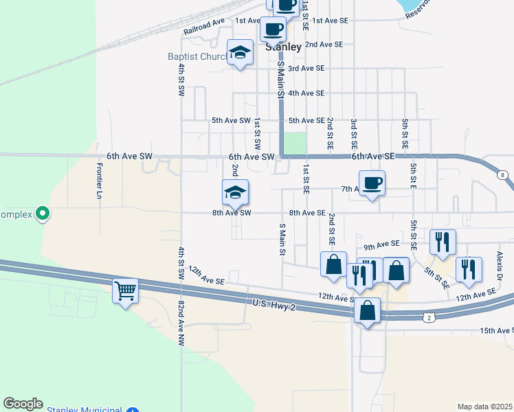 map of restaurants, bars, coffee shops, grocery stores, and more near 101 8th Avenue Southwest in Stanley