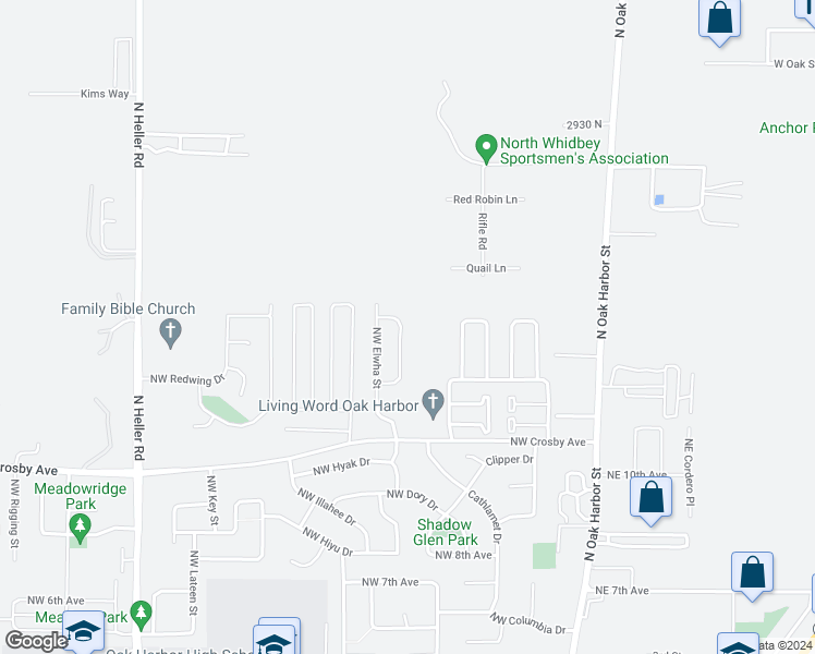 map of restaurants, bars, coffee shops, grocery stores, and more near 1468 Northwest Falls Creek Loop in Oak Harbor