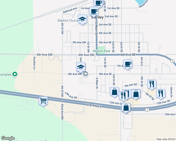 map of restaurants, bars, coffee shops, grocery stores, and more near 101 8th Avenue Southwest in Stanley