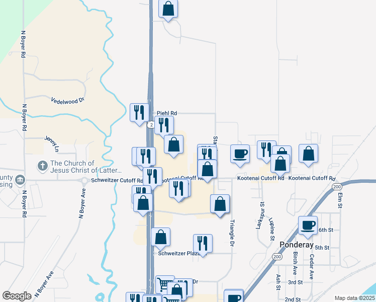 map of restaurants, bars, coffee shops, grocery stores, and more near 500 Kootenai Cutoff Road in Ponderay