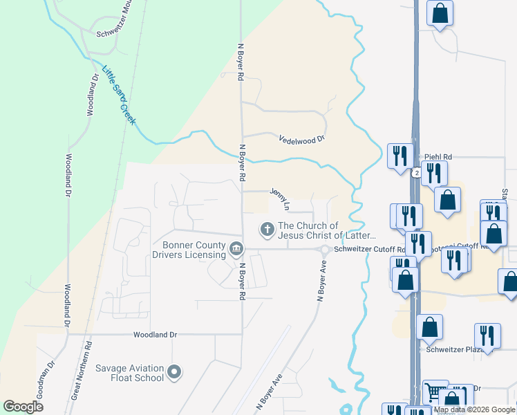 map of restaurants, bars, coffee shops, grocery stores, and more near 4308 North Boyer Avenue in Sandpoint