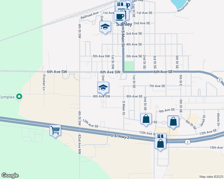 map of restaurants, bars, coffee shops, grocery stores, and more near 5 8th Avenue Southwest in Stanley