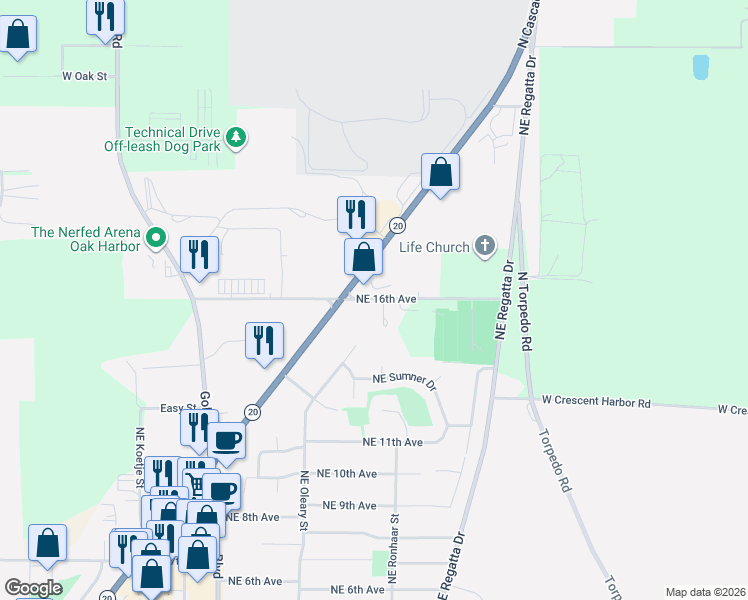 map of restaurants, bars, coffee shops, grocery stores, and more near 1661 West Cemetery Road in Oak Harbor