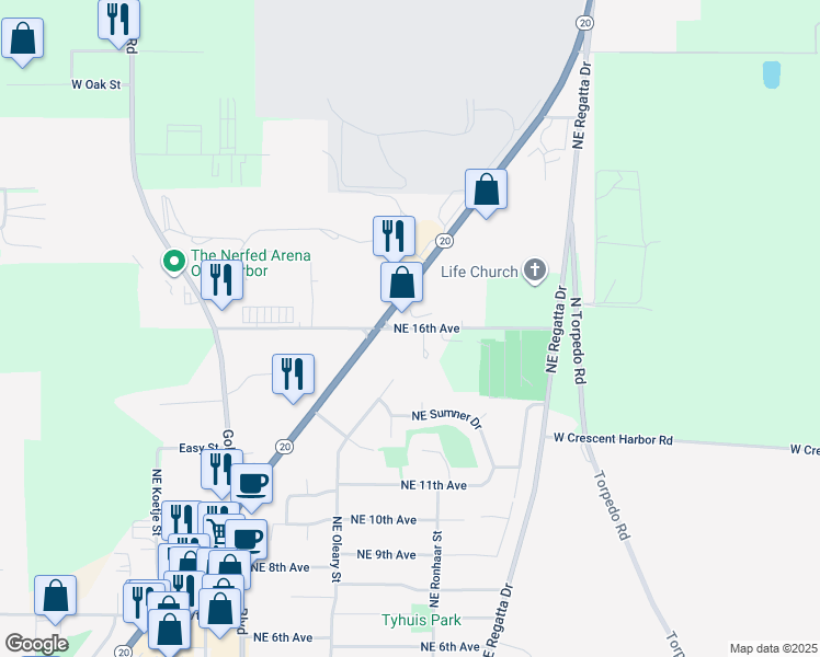 map of restaurants, bars, coffee shops, grocery stores, and more near 1746 West Cemetery Road in Oak Harbor