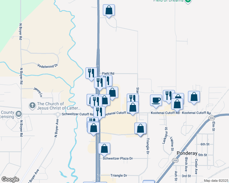 map of restaurants, bars, coffee shops, grocery stores, and more near 477255 Hwy 95 N in Ponderay