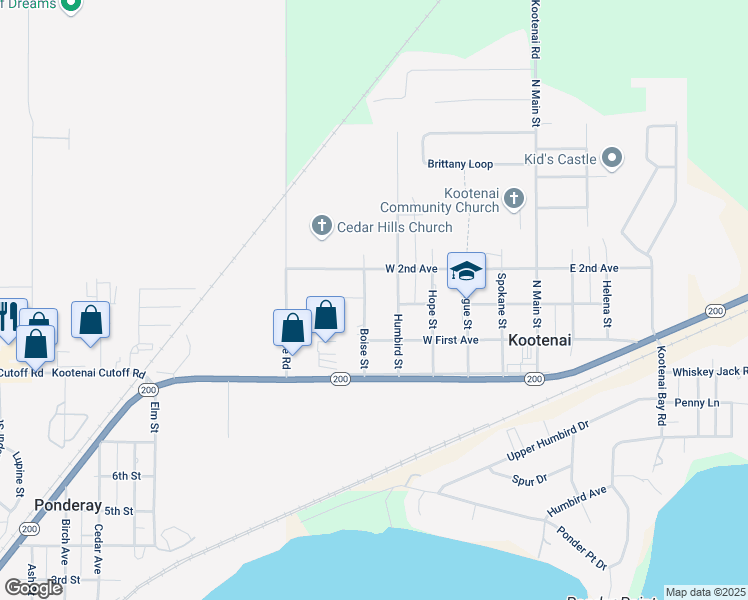 map of restaurants, bars, coffee shops, grocery stores, and more near 215 Humbird Street in Kootenai