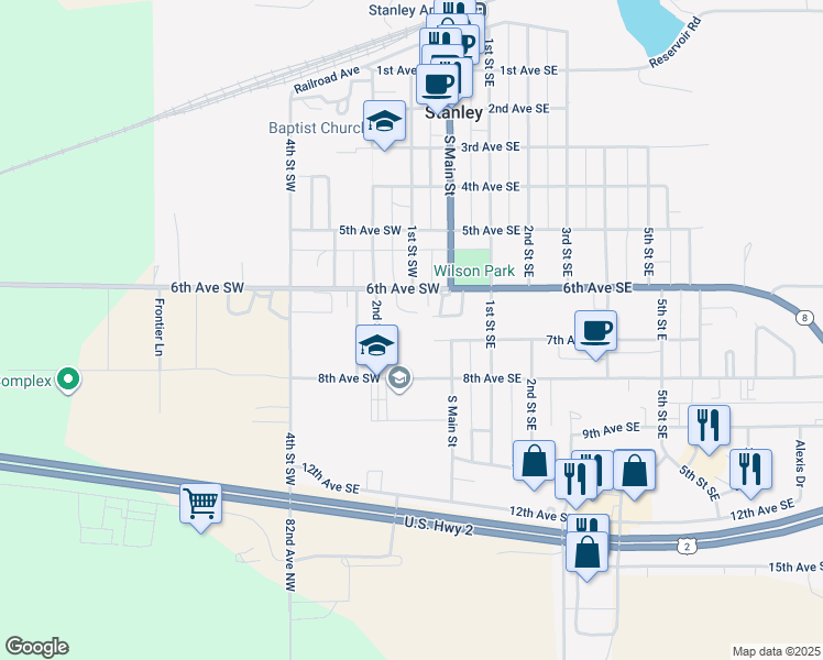 map of restaurants, bars, coffee shops, grocery stores, and more near 8 6th Avenue Southwest in Stanley