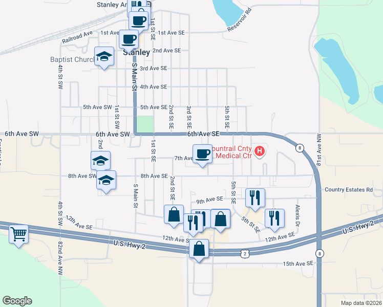 map of restaurants, bars, coffee shops, grocery stores, and more near 316 6th Avenue Southeast in Stanley