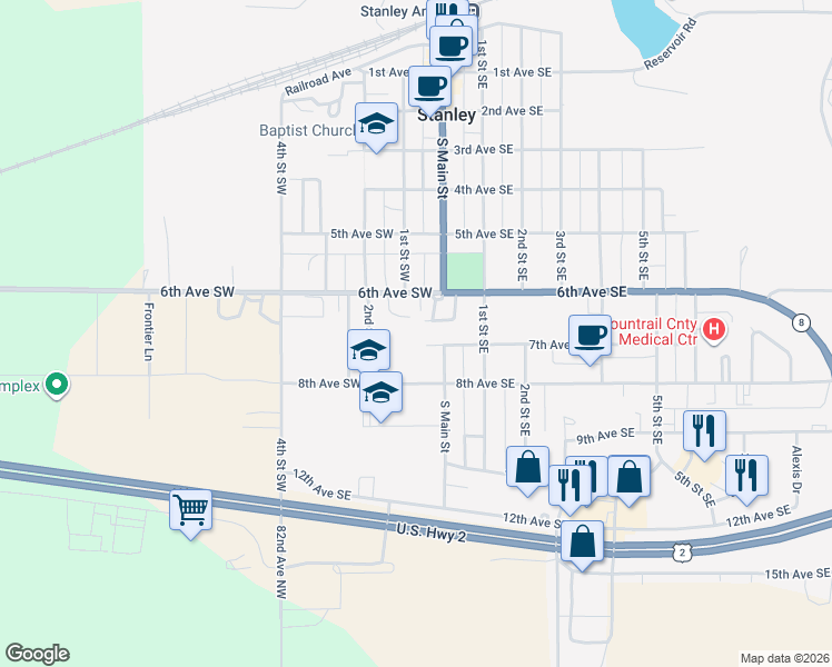 map of restaurants, bars, coffee shops, grocery stores, and more near 8 6th Avenue Southwest in Stanley
