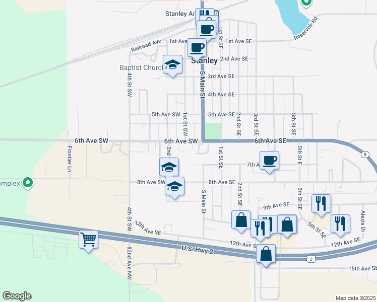 map of restaurants, bars, coffee shops, grocery stores, and more near 8 6th Avenue Southwest in Stanley