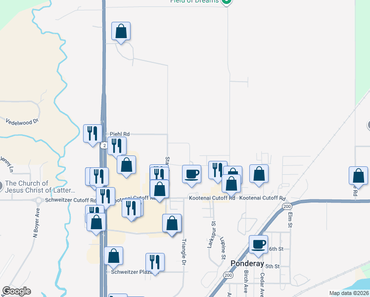 map of restaurants, bars, coffee shops, grocery stores, and more near 96 Aultstarr Lane in Ponderay