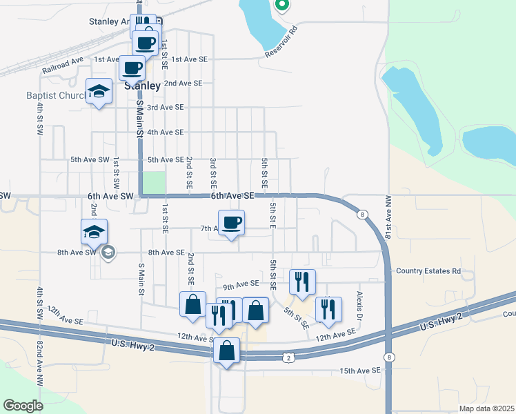 map of restaurants, bars, coffee shops, grocery stores, and more near 402 6th Avenue Southeast in Stanley