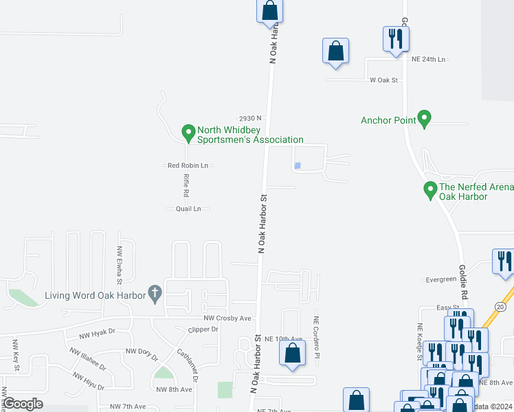 map of restaurants, bars, coffee shops, grocery stores, and more near 2829 North Oak Harbor Road in Oak Harbor