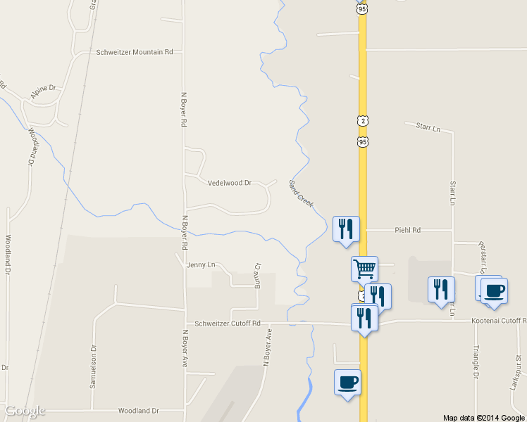 map of restaurants, bars, coffee shops, grocery stores, and more near 235 Vedelwood Drive in Sandpoint