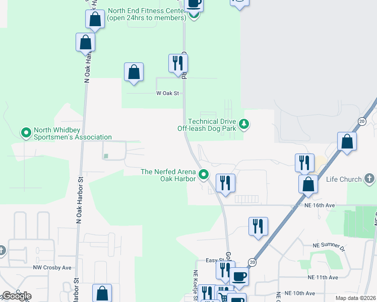 map of restaurants, bars, coffee shops, grocery stores, and more near 3143 Goldie Road in Oak Harbor