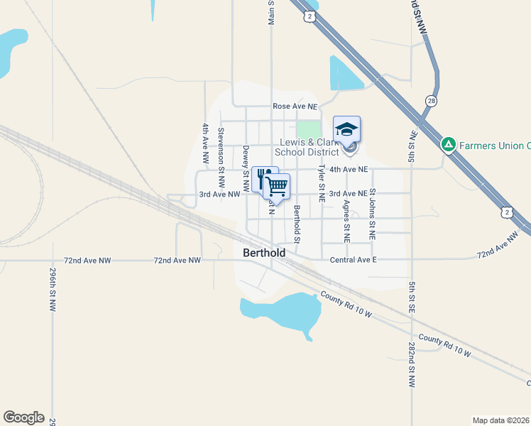 map of restaurants, bars, coffee shops, grocery stores, and more near 99 3rd Avenue Northwest in Berthold