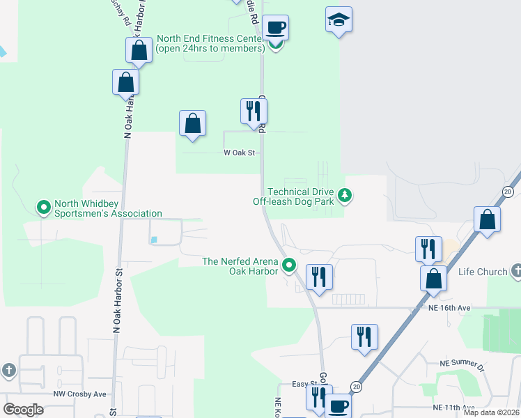 map of restaurants, bars, coffee shops, grocery stores, and more near 3143 Goldie Road in Oak Harbor