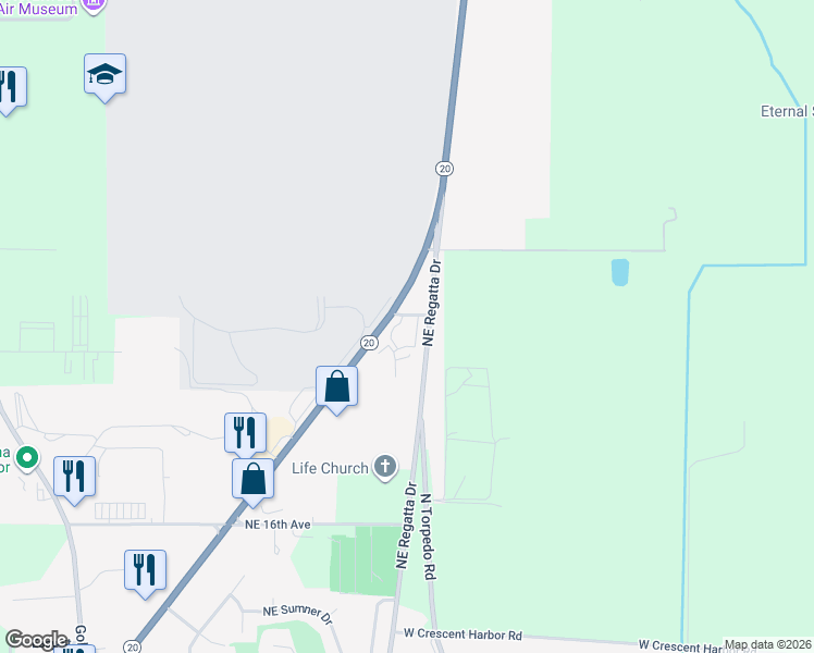 map of restaurants, bars, coffee shops, grocery stores, and more near 33860 Washington 20 in Oak Harbor