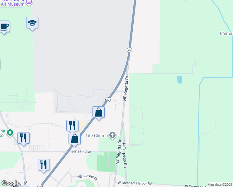 map of restaurants, bars, coffee shops, grocery stores, and more near 33860 Washington 20 in Oak Harbor