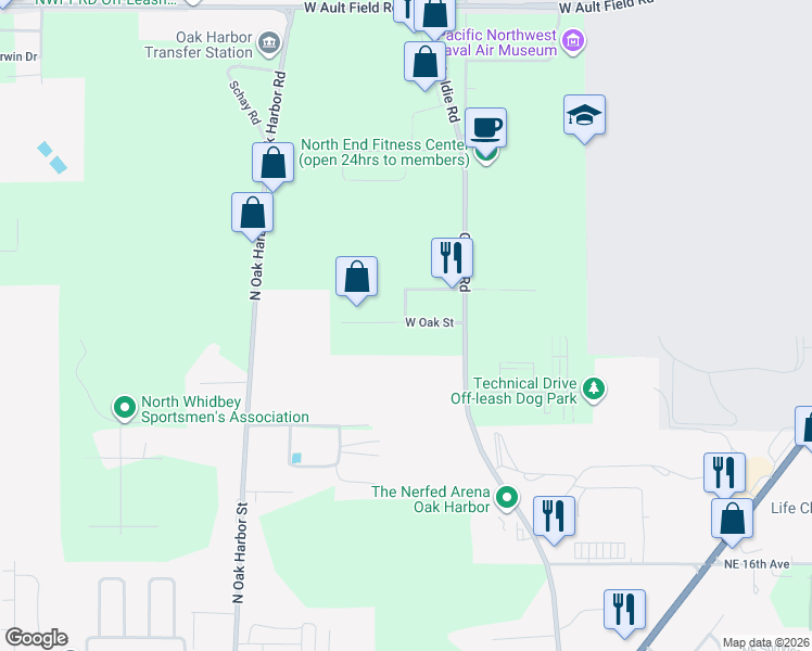 map of restaurants, bars, coffee shops, grocery stores, and more near 660 West Oak Street in Oak Harbor