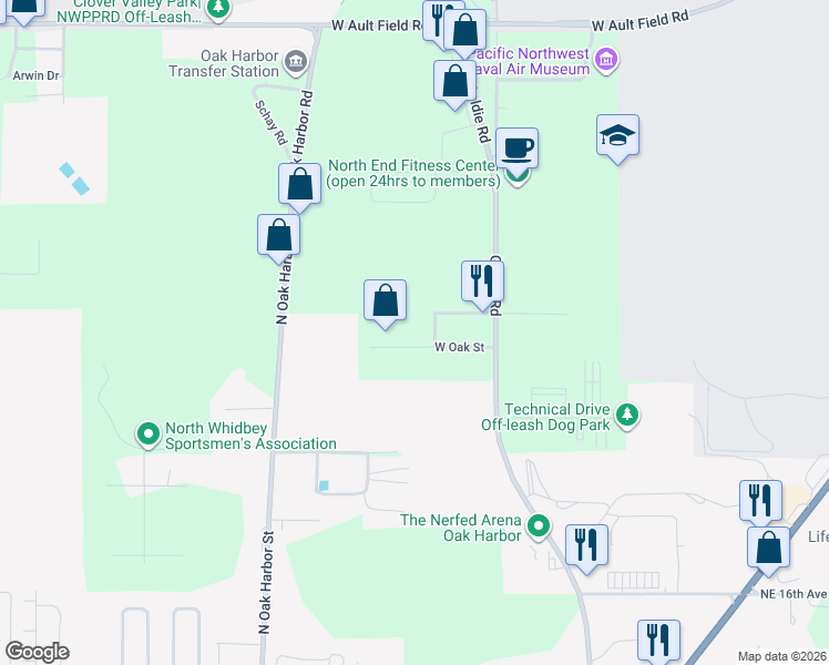map of restaurants, bars, coffee shops, grocery stores, and more near 660 West Oak Street in Oak Harbor