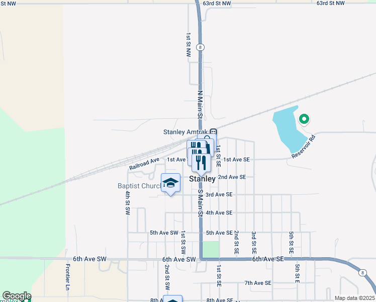 map of restaurants, bars, coffee shops, grocery stores, and more near 14 Railroad Avenue in Stanley
