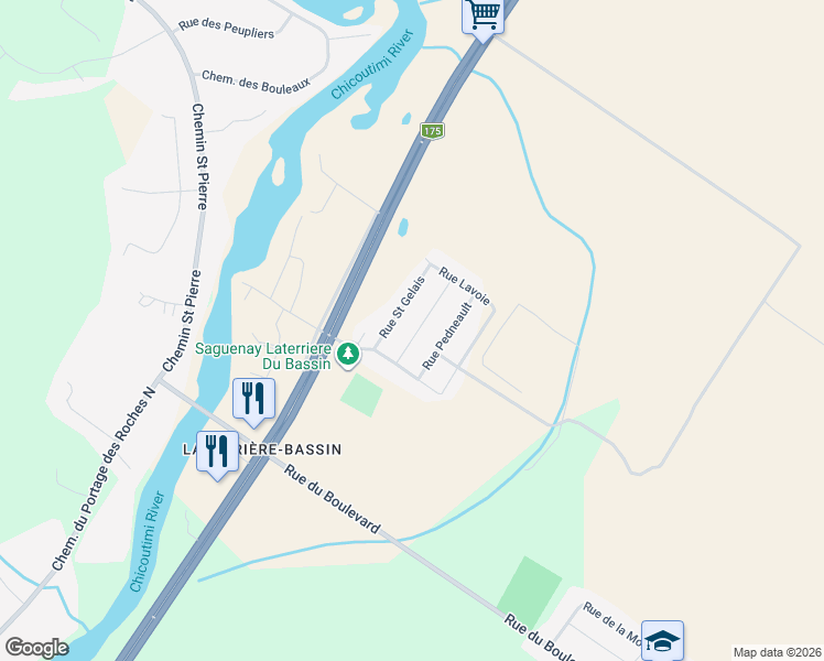 map of restaurants, bars, coffee shops, grocery stores, and more near 111 Rue Gilbert in Saguenay