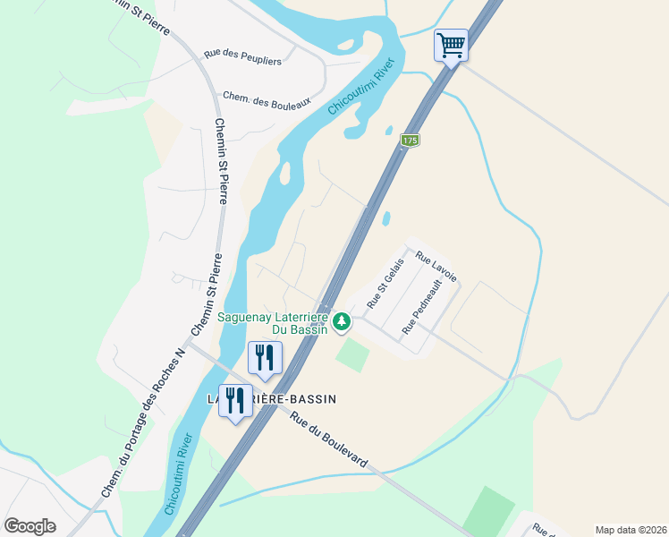 map of restaurants, bars, coffee shops, grocery stores, and more near Route Antonio Talbot in Saguenay