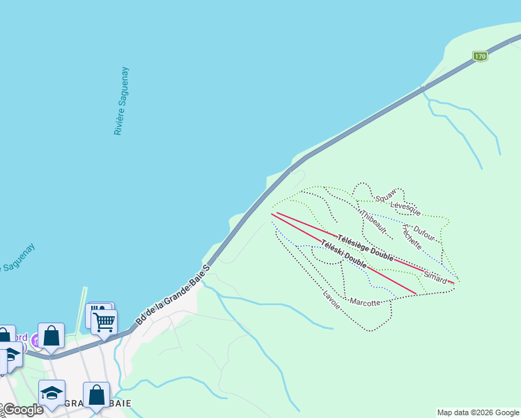 map of restaurants, bars, coffee shops, grocery stores, and more near 4715 Boulevard de la Grande-Baie-Sud in Saguenay