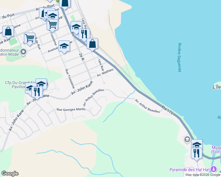 map of restaurants, bars, coffee shops, grocery stores, and more near 1164 Avenue Arthur Beaulieu in Saguenay