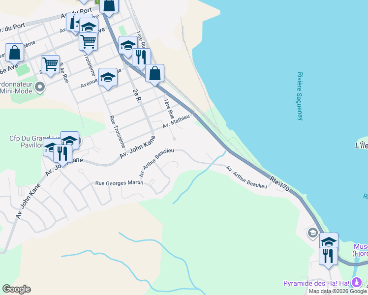 map of restaurants, bars, coffee shops, grocery stores, and more near 1164 Avenue Arthur Beaulieu in Saguenay