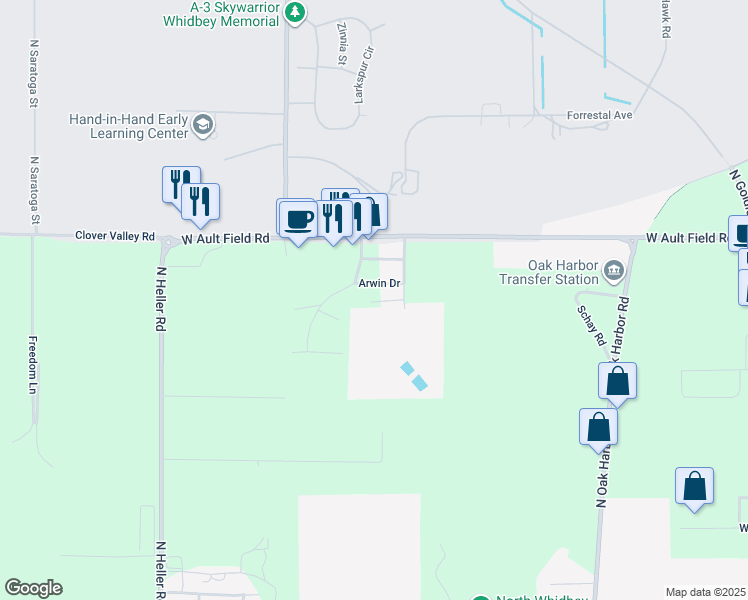 map of restaurants, bars, coffee shops, grocery stores, and more near 3153 Hawks Prairie Road in Oak Harbor