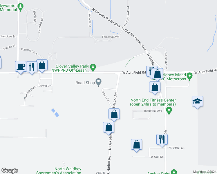 map of restaurants, bars, coffee shops, grocery stores, and more near 3137 Schay Road in Oak Harbor