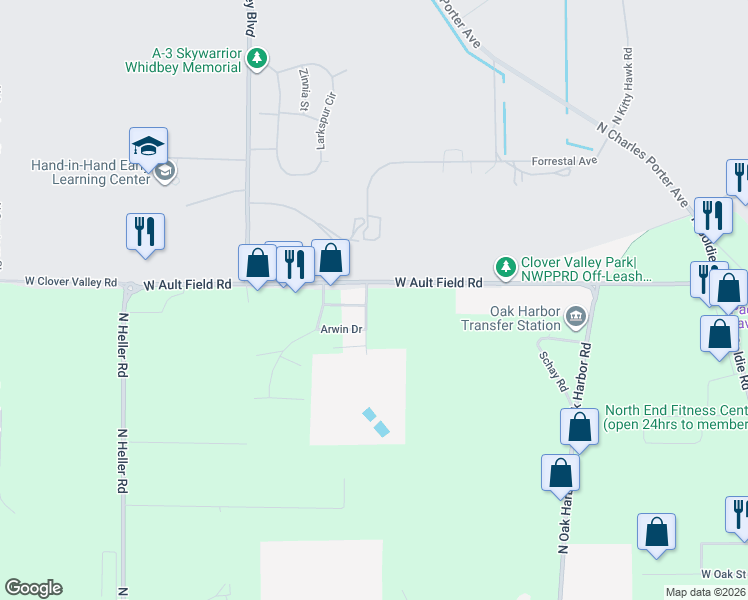 map of restaurants, bars, coffee shops, grocery stores, and more near 3196 Hawks Prairie Road in Oak Harbor