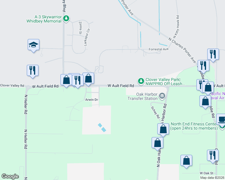 map of restaurants, bars, coffee shops, grocery stores, and more near 3196 Hawks Prairie Road in Oak Harbor