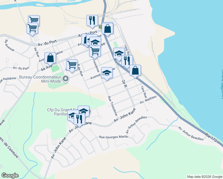 map of restaurants, bars, coffee shops, grocery stores, and more near 1339 1re Av in Saguenay