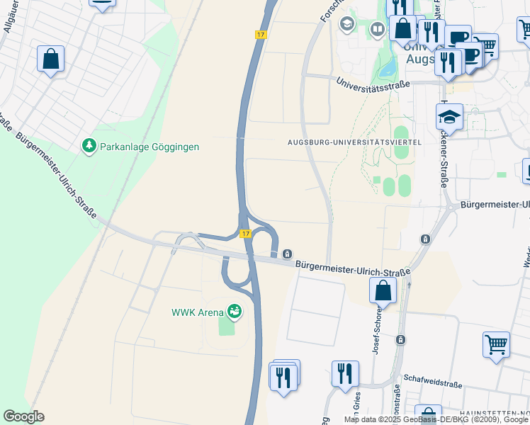 map of restaurants, bars, coffee shops, grocery stores, and more near 4 Karl-Drais-Straße in Augsburg